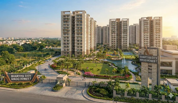 Master plan and exterior view of Nikoo Homes 7 Bhartiya Garden Estate, a 29-acre luxury residential township in Sadahalli near Bangalore International Airport.