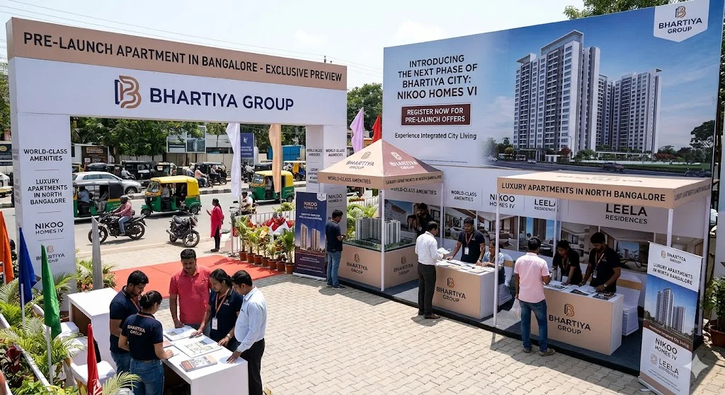 Architectural rendering of a pre-launch apartment project in Bangalore showing modern high-rise towers and master plan details.