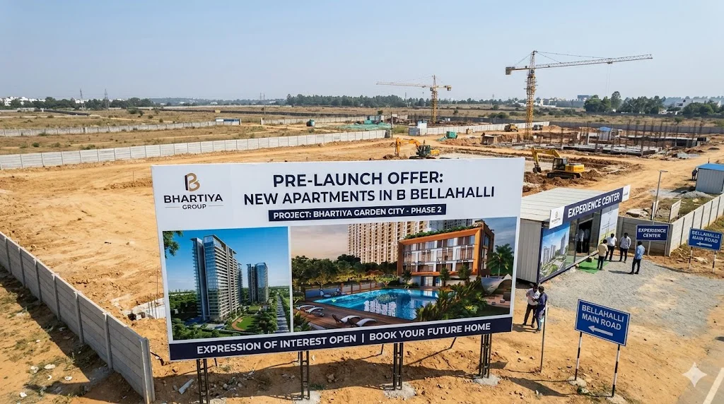 Aerial map of upcoming pre-launch residential developments in Bellahalli showing quick access to Thanisandra Main Road and major IT parks.