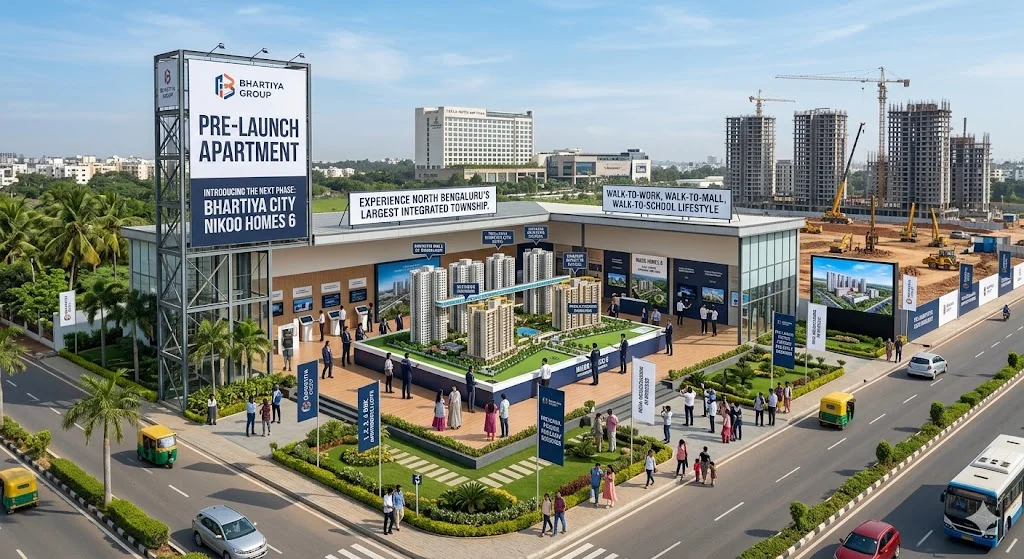 Architectural rendering of modern amenities and high-rise towers in a new pre-launch residential project in North Bangalore.