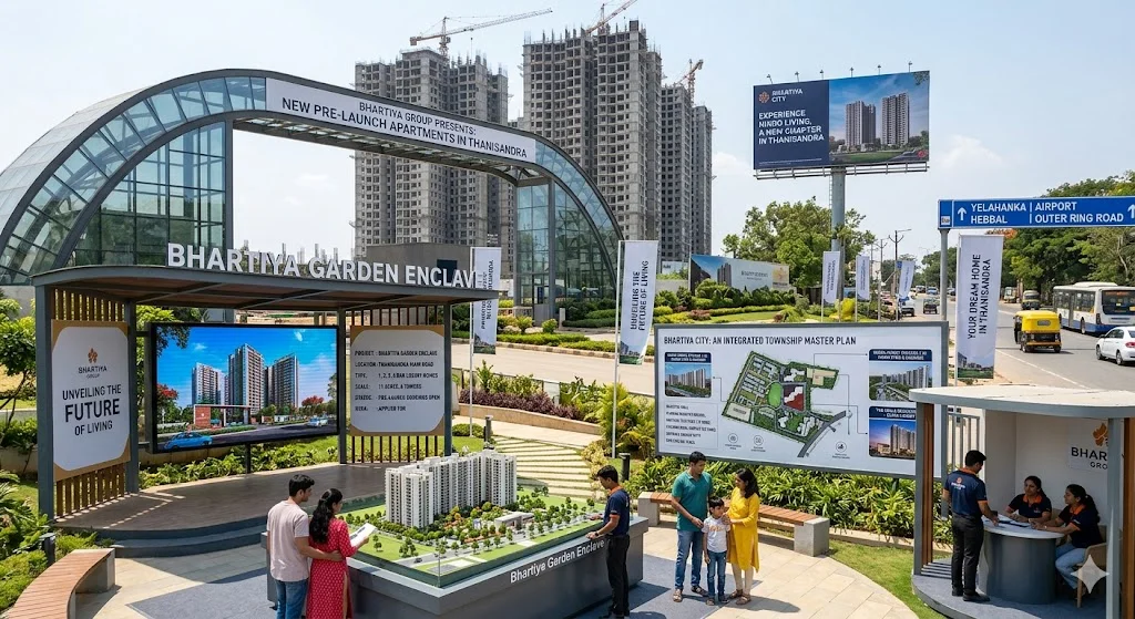Architectural master plan of an upcoming pre-launch residential township on Thanisandra Main Road featuring expansive green spaces and modern clubhouses.