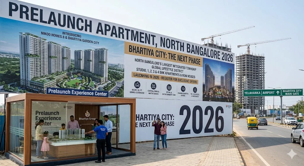 Architectural rendering of premium prelaunch apartment projects in North Bangalore showing upcoming high-rise residential towers and green spaces.