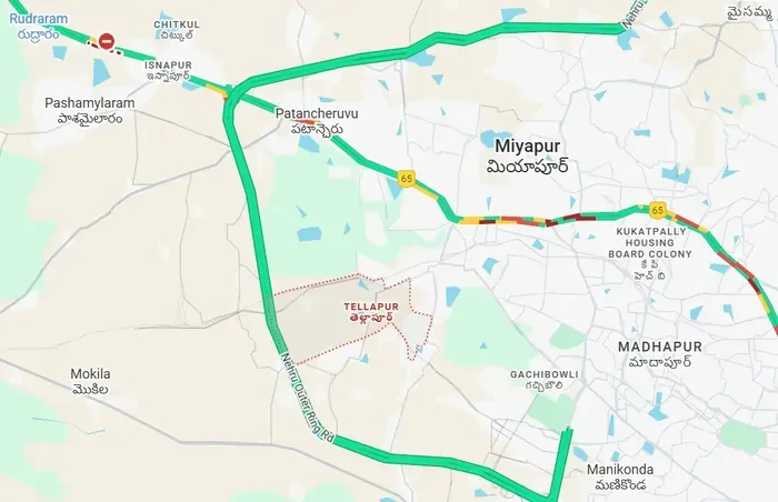 Location map of Prestige Golden Grove in Tellapur, West Hyderabad showing ORR connectivity
