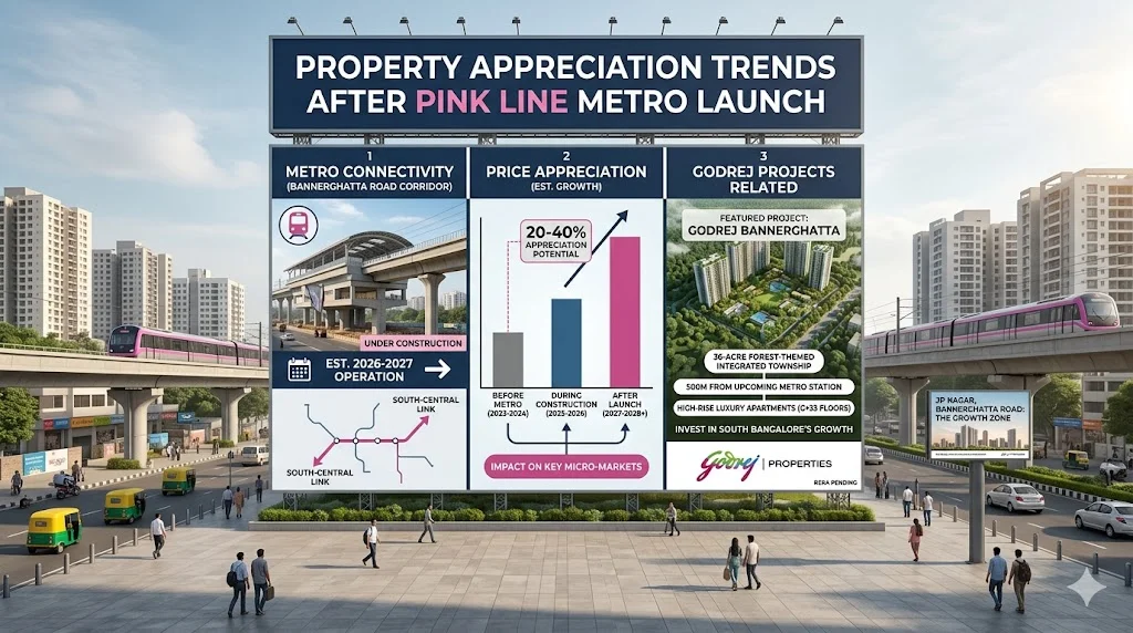 Data chart showing property price appreciation and ROI trends along the Namma Metro Pink Line corridor in Bangalore.