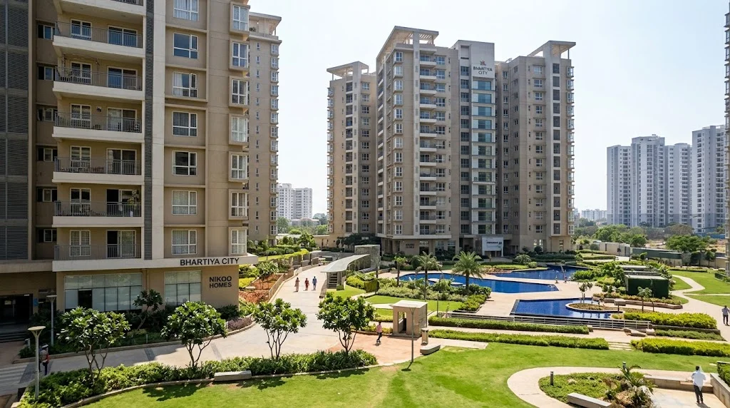 Panoramic view of modern residential apartments and multi-story housing complexes across Bangalore.