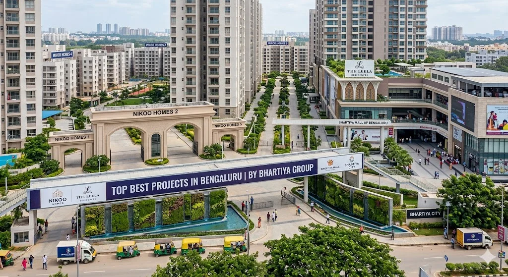 Overview map and skyline highlighting the top best real estate projects and new residential townships across Bangalore.