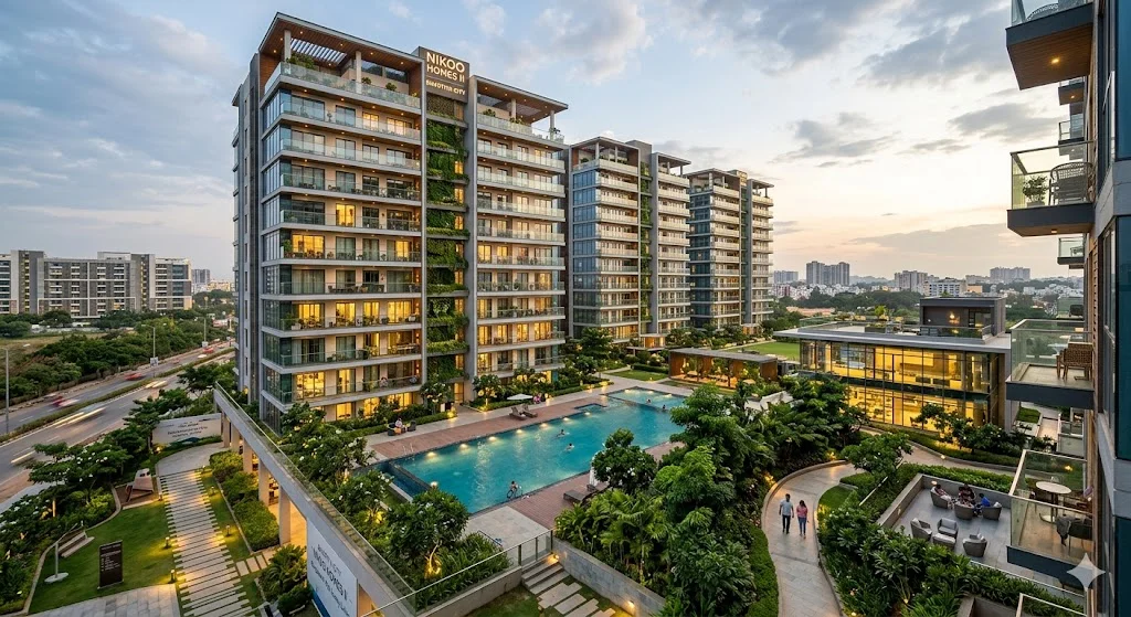 High-angle view of top luxury apartments in Bangalore featuring modern high-rise towers and integrated township developments.